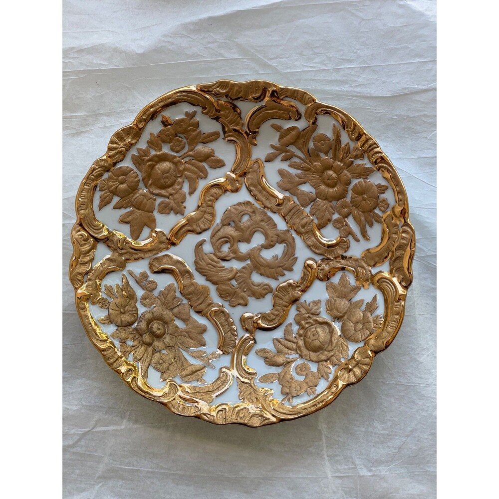 Antique Meissen Style Porcelain Rococo Plate Raised & Gilded In Gold